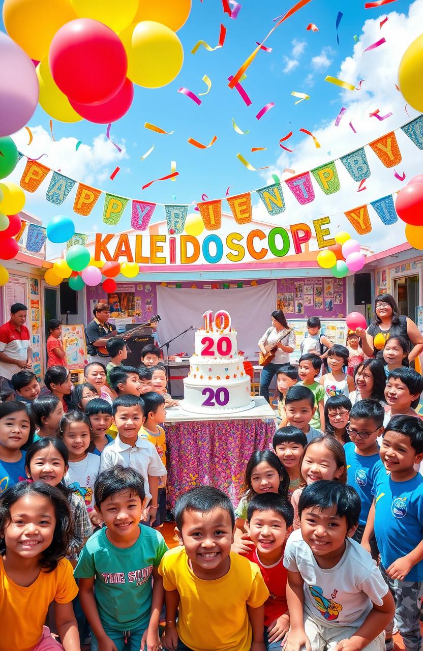 A vibrant celebration of a school's 20th anniversary titled 'Kaleidoscope'