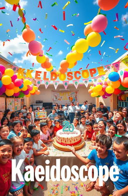 A vibrant celebration of a school's 20th anniversary titled 'Kaleidoscope'