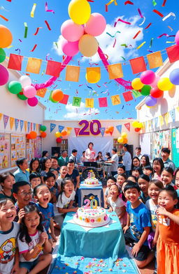 A vibrant celebration of a school's 20th anniversary titled 'Kaleidoscope'