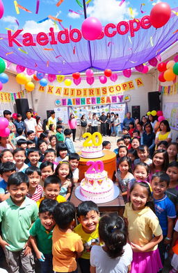 A vibrant celebration of a school's 20th anniversary titled 'Kaleidoscope'