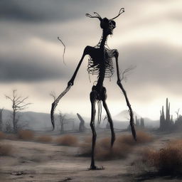 A digital rendering of the eerie cryptid known as Siren Head, depicted in a desolate landscape.