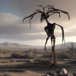 A digital rendering of the eerie cryptid known as Siren Head, depicted in a desolate landscape.