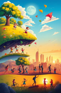 A vibrant journey of life from childhood to youth, featuring a lush landscape with scenes depicting joyous childhood moments transitioning into dynamic youthful experiences