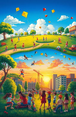 A vibrant journey of life from childhood to youth, featuring a lush landscape with scenes depicting joyous childhood moments transitioning into dynamic youthful experiences
