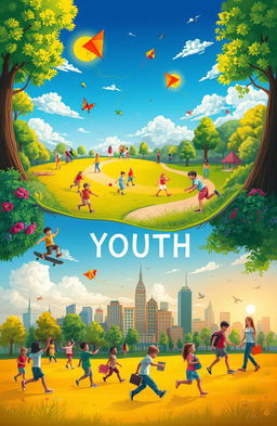 A vibrant journey of life from childhood to youth, featuring a lush landscape with scenes depicting joyous childhood moments transitioning into dynamic youthful experiences