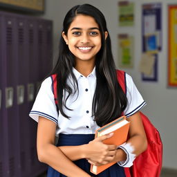 A teenage Indian girl, 15 years old, wearing a traditional school uniform that consists of a white blouse and a navy blue skirt