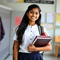 A teenage Indian girl, 15 years old, wearing a traditional school uniform that consists of a white blouse and a navy blue skirt