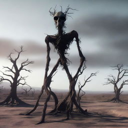 A digital rendering of the eerie cryptid known as Siren Head, depicted in a desolate landscape.