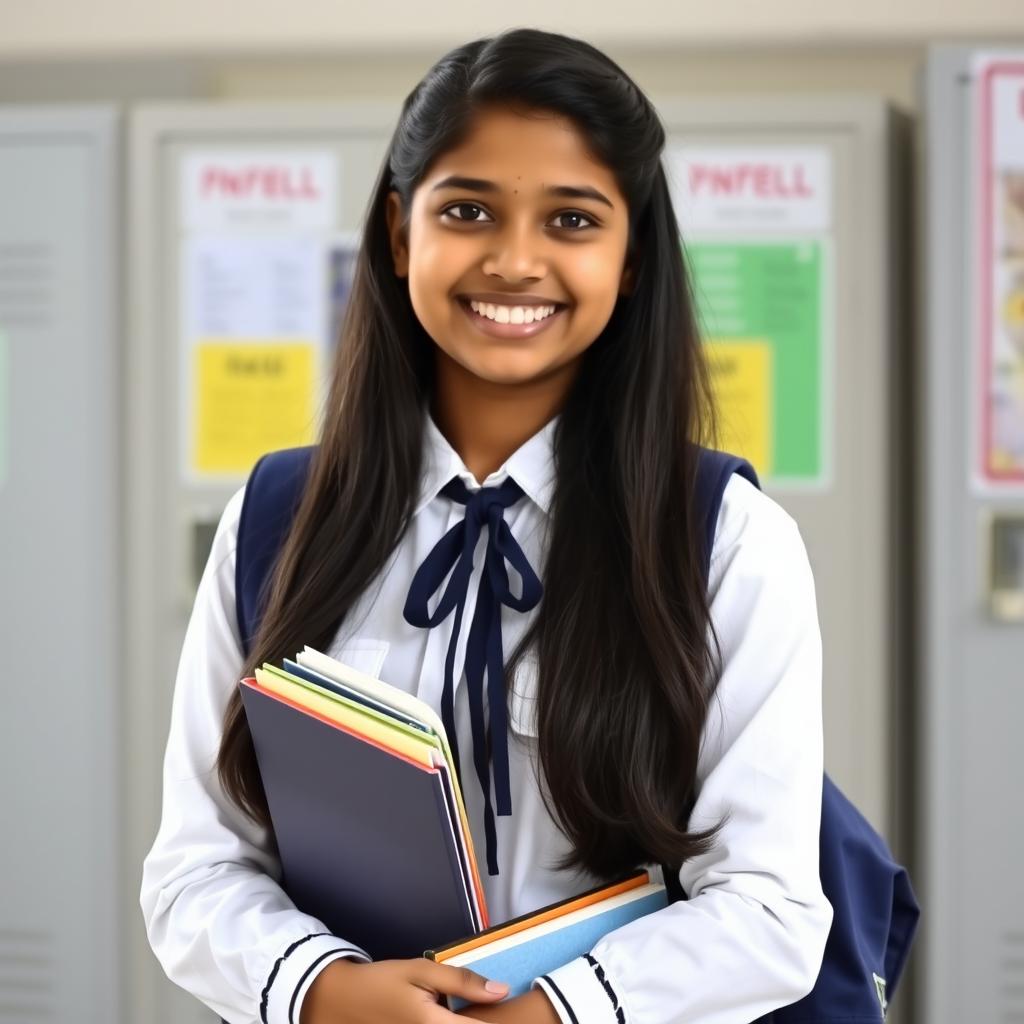 A teenage Indian girl, 15 years old, wearing a traditional school uniform that consists of a white blouse and a navy blue skirt