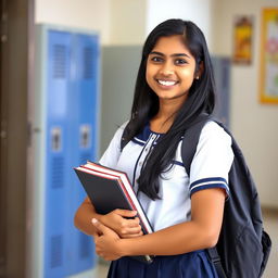 A teenage Indian girl, 15 years old, wearing a traditional school uniform that consists of a white blouse and a navy blue skirt