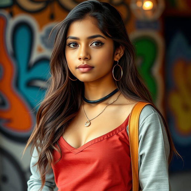 A confident Indian teenager in a fashionable outfit that tastefully highlights her style