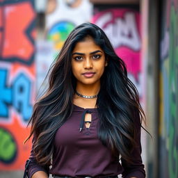 A confident Indian teenager in a fashionable outfit that tastefully highlights her style