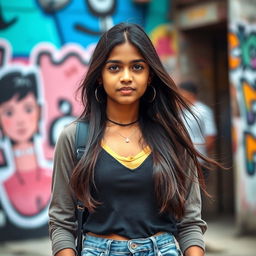 A confident Indian teenager in a fashionable outfit that tastefully highlights her style