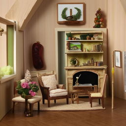 Design a miniature room fitted in an 11 by 18-inch space, with detailed, scaled-down furniture and decorations.