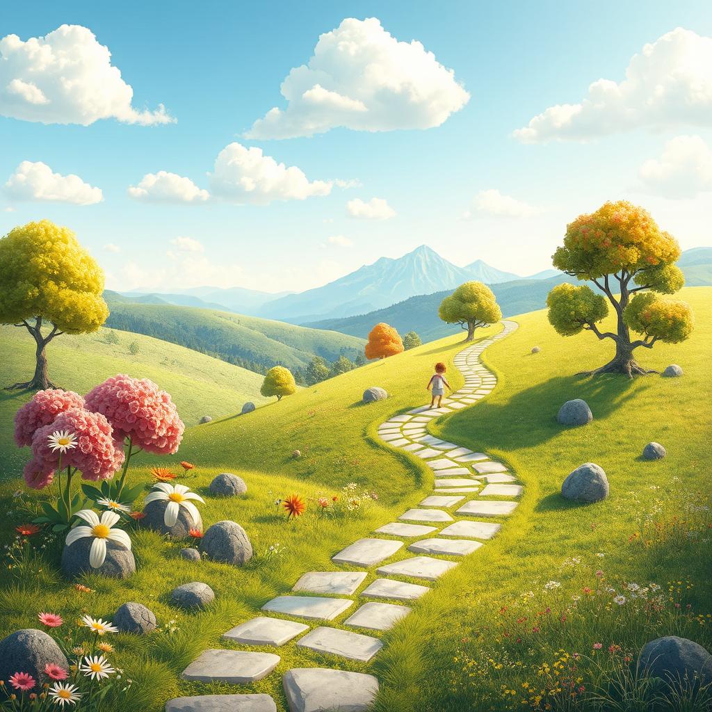 A metaphorical representation of life's journey from childhood to youth, featuring a winding path through a vibrant landscape