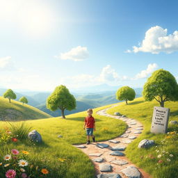 A metaphorical representation of life's journey from childhood to youth, featuring a winding path through a vibrant landscape