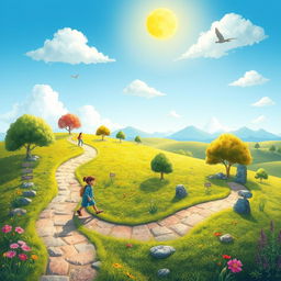 A metaphorical representation of life's journey from childhood to youth, featuring a winding path through a vibrant landscape