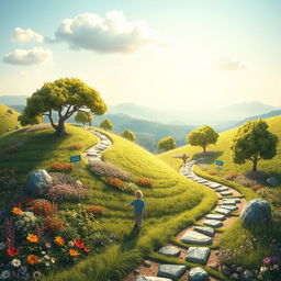 A metaphorical representation of life's journey from childhood to youth, featuring a winding path through a vibrant landscape