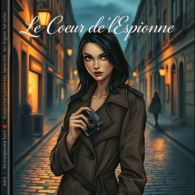 A captivating book cover illustrating a romantic theme titled 'Le Coeur de l'Espionne'