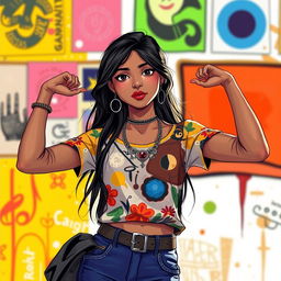 A stylized art piece of a confident 16-year-old Indian girl expressing herself through fashion