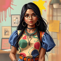 A stylized art piece of a confident 16-year-old Indian girl expressing herself through fashion