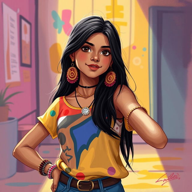 A stylized art piece of a confident 16-year-old Indian girl expressing herself through fashion