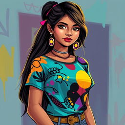 A stylized art piece of a confident 16-year-old Indian girl expressing herself through fashion