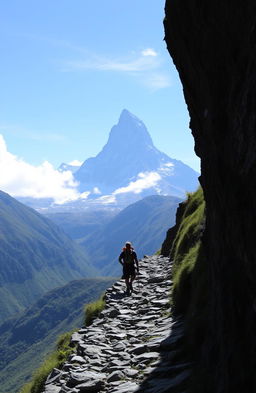 A tall mountain in the distance with peaks touching the blue sky, featuring a winding rocky path leading to the summit