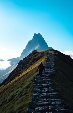 A tall mountain in the distance with peaks touching the blue sky, featuring a winding rocky path leading to the summit