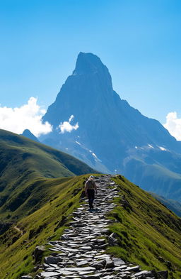 A tall mountain in the distance with peaks touching the blue sky, featuring a winding rocky path leading to the summit