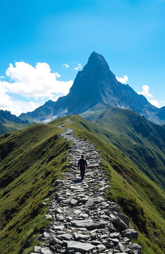 A tall mountain in the distance with peaks touching the blue sky, featuring a winding rocky path leading to the summit