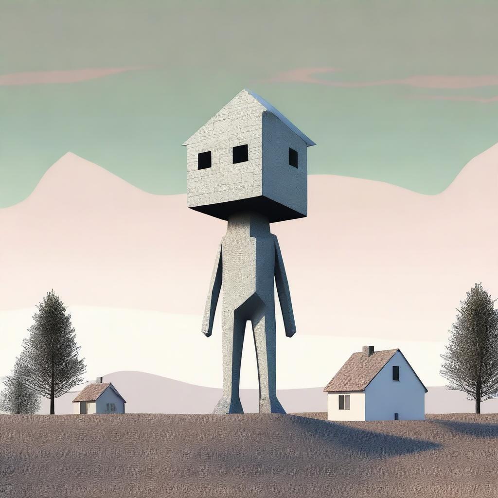 A digital rendering of the abstract entity known as House Head, depicted as a towering figure with a house for a head in a suburban landscape