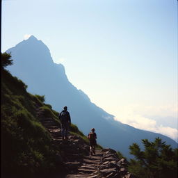 A tall mountain in the distance with peaks touching the blue sky, featuring a winding rocky path leading to the summit