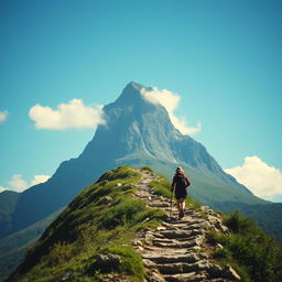 A tall mountain in the distance with peaks touching the blue sky, featuring a winding rocky path leading to the summit