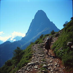 A tall mountain in the distance with peaks touching the blue sky, featuring a winding rocky path leading to the summit