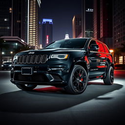 A sleek and modern black and white Jeep Grand Cherokee WK parked in a stylish urban environment