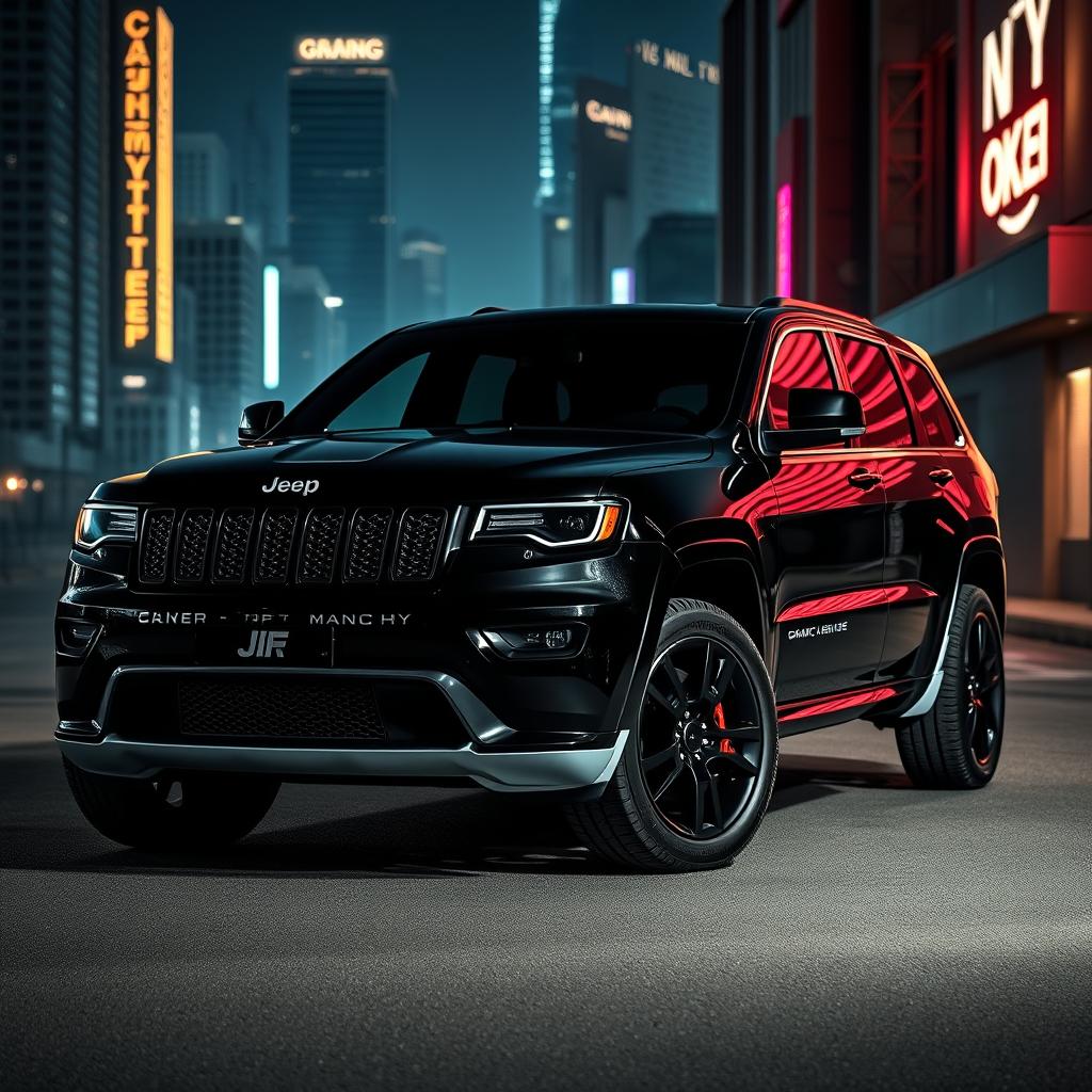 A sleek and modern black and white Jeep Grand Cherokee WK parked in a stylish urban environment