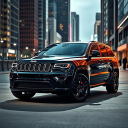A sleek and modern black and white Jeep Grand Cherokee WK parked in a stylish urban environment