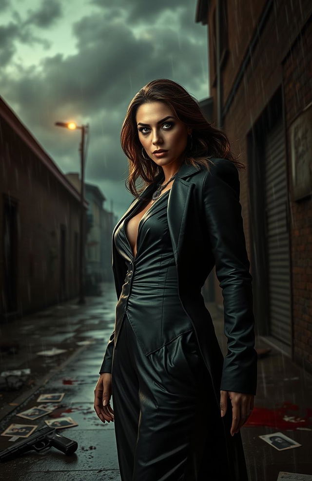 An intense and dramatic scene depicting a striking Mafia Queen in an elegant yet fierce outfit, standing defiantly in a dark, rain-soaked alley