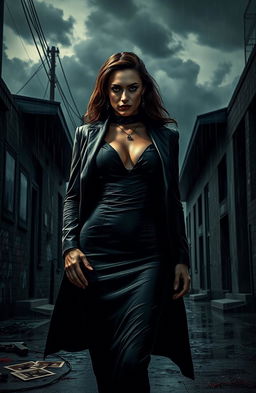 An intense and dramatic scene depicting a striking Mafia Queen in an elegant yet fierce outfit, standing defiantly in a dark, rain-soaked alley