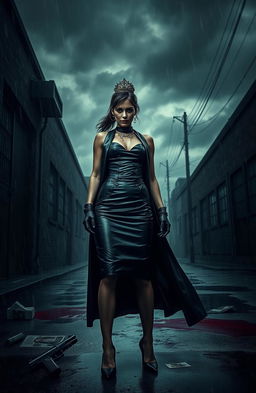 An intense and dramatic scene depicting a striking Mafia Queen in an elegant yet fierce outfit, standing defiantly in a dark, rain-soaked alley