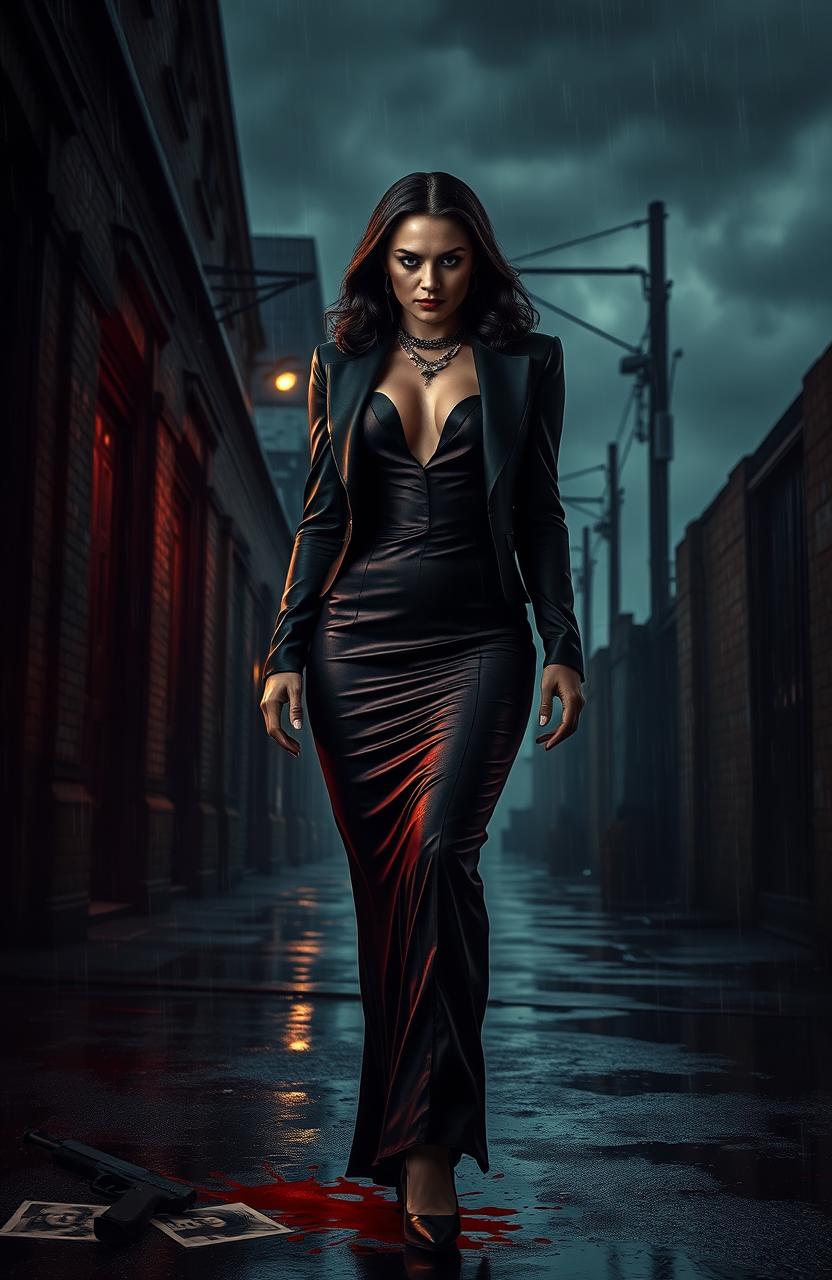 An intense and dramatic scene depicting a striking Mafia Queen in an elegant yet fierce outfit, standing defiantly in a dark, rain-soaked alley