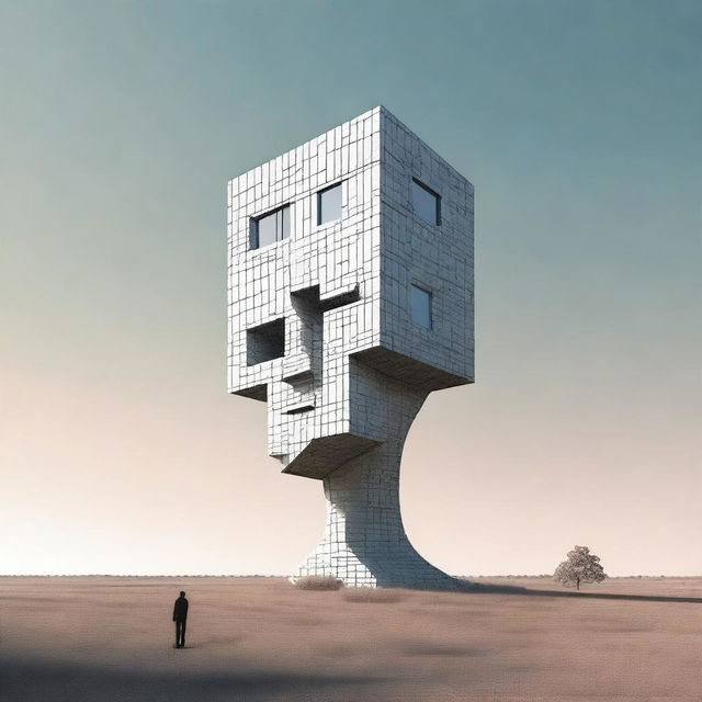 A digital rendering of the abstract entity known as House Head, depicted as a towering figure with a house for a head in a suburban landscape