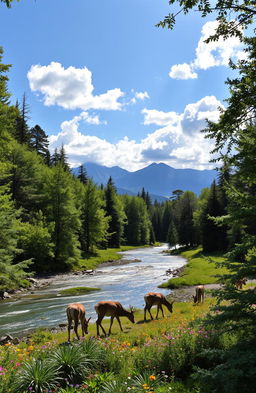 A scenic view of a tranquil forest, filled with lush green trees and a shimmering river flowing through, dappled sunlight streaming through the leaves, casting soft shadows on the forest floor
