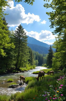 A scenic view of a tranquil forest, filled with lush green trees and a shimmering river flowing through, dappled sunlight streaming through the leaves, casting soft shadows on the forest floor