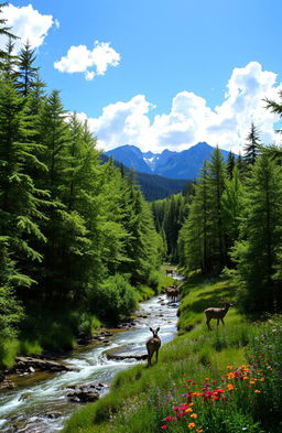 A scenic view of a tranquil forest, filled with lush green trees and a shimmering river flowing through, dappled sunlight streaming through the leaves, casting soft shadows on the forest floor