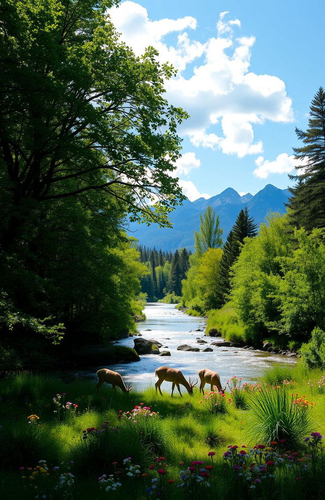 A scenic view of a tranquil forest, filled with lush green trees and a shimmering river flowing through, dappled sunlight streaming through the leaves, casting soft shadows on the forest floor