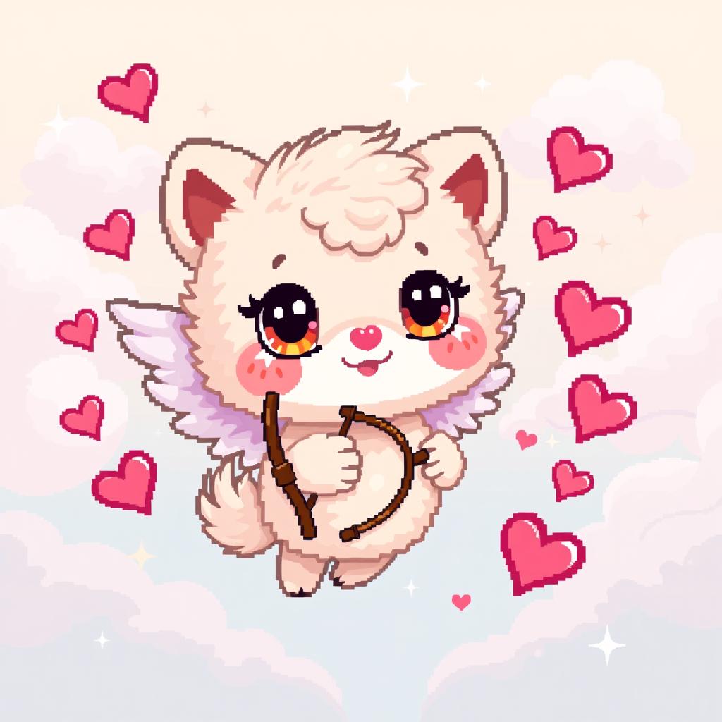 A pixel art illustration of a whimsical animal resembling a cute cupid, with tiny wings and a playful expression