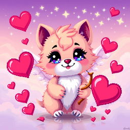A pixel art illustration of a whimsical animal resembling a cute cupid, with tiny wings and a playful expression