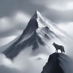 A high-quality digital art of a towering mountain shrouded in clouds, with a lone, silver-grey wolf climbing up its steep slopes